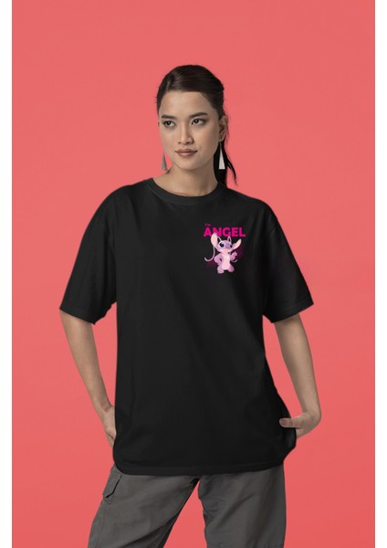 Sevgili Kombini Stitch & Angel Lisanslı Oversize Siyah T-Shirt (Çift T-Shirt Seti)