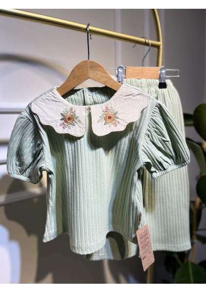 Çiçek Nakış Yakalı Mint Yeşil Kız Çocuk Alt-Üst Takım fiyatları