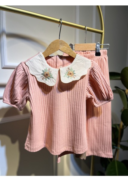 Çiçek Nakış Yakalı Gül Kurusu Kız Çocuk Alt-Üst Takım