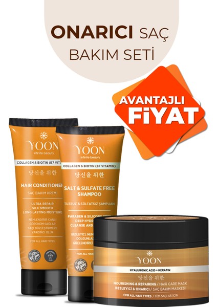3'lü Onarıcı Saç Bakım Seti, Tuzsuz Şampuan 250ML, Saç Bakım Kremi 200ML, Saç Bakım Maskesi 250ML