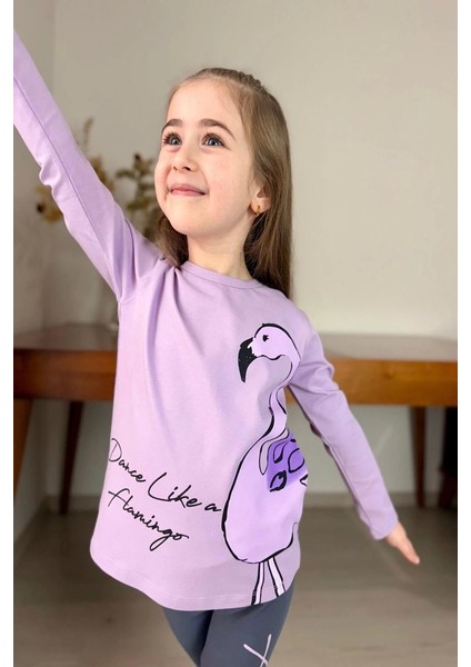 Flamingo Desenli Lila Renk Kız Çocuk Taytlı Takım