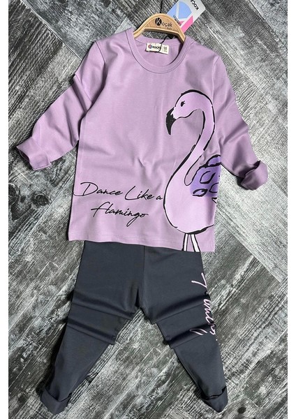 Flamingo Desenli Lila Renk Kız Çocuk Taytlı Takım
