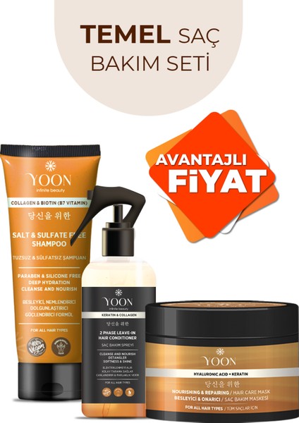 3'lü Onarıcı Saç Bakım Seti, Tuzsuz Şampuan 250ML, Saç Bakım Spreyi 200ML, Saç Bakım Maskesi 250ML
