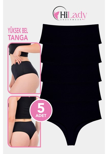 Kadın Tanga, Yüksek Bel Tanga 5'li Paket Siyah String Tanga Külot Pamuklu Kumaş