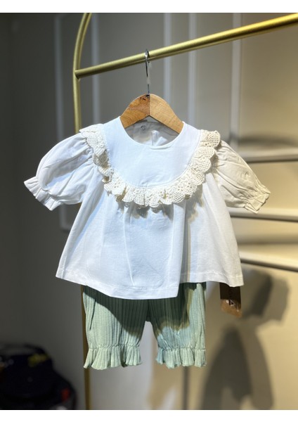 Fırfırlı Fisto Yakalı Kız Bebek Yeşil Alt-Üst Takım %100 Organıc Cotton