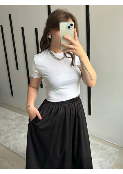 Fileto Cepli Poplin Kumaş Uzun Keten Karışımlı Etek Astarsız (90CM)
