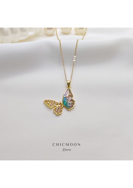 Altın Rengi Taşlı Kelebek Çelik Kolye