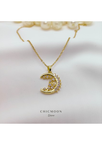 Zirkon Taşlı Yıldızlı Ay Çelik Kolye