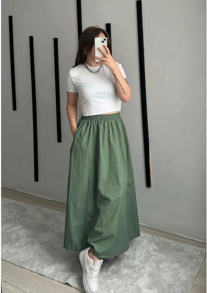 Fileto Cepli Poplin Kumaş Uzun Keten Karışımlı Etek Astarsız (90CM)