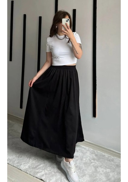 Fileto Cepli Poplin Kumaş Uzun Keten Karışımlı Etek Astarsız (90CM)