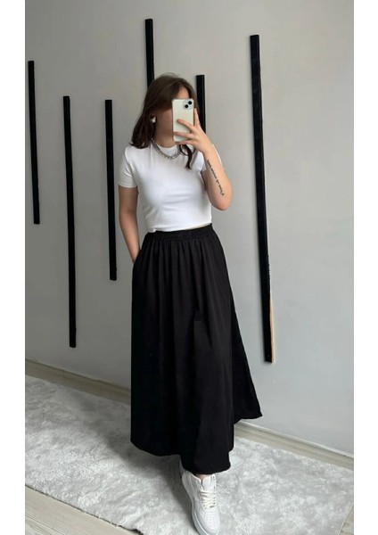 Fileto Cepli Poplin Kumaş Uzun Keten Karışımlı Etek Astarsız (90CM)