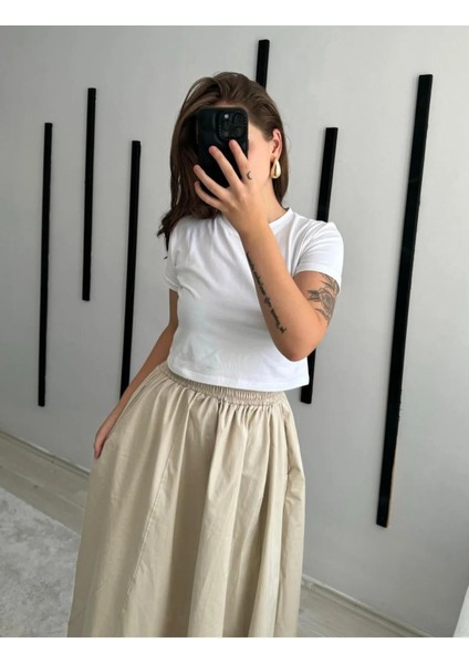 Fileto Cepli Poplin Kumaş Uzun Keten Karışımlı Etek Astarsız (90CM)