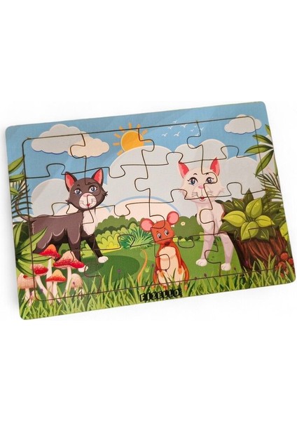 Kediler ve Fare 16 Parça Eğitici Öğretici Ahşap Çocuk Puzzle Yapboz Bebek Çocuk Oyuncak