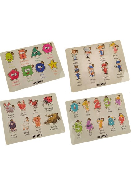 Ahşap Türkçe - Ingilizce 4lü Mega Set Bultak Puzzle Sayılar Şekiller Meslekler Hayvanlar