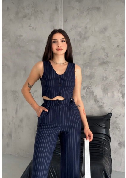 Kadın Palozzo Çizgili Yelekli Takım modelleri