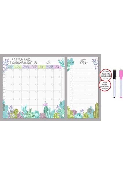 Aylık Magnet Planlayıcı (34,5 x 49,5 cm ) + 2 Kalem Hediyeli Aylık Magnet Planlayıcı 1 Adet