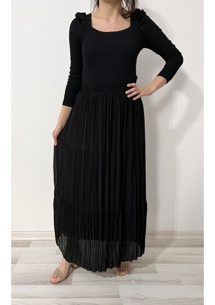 Siyah Şifon Uzun Etek- Yazlık Etek Pilikaşe Etek