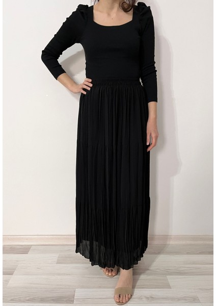 Siyah Şifon Uzun Etek- Yazlık Etek Pilikaşe Etek modelleri