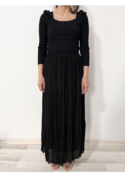 Siyah Şifon Uzun Etek- Yazlık Etek Pilikaşe Etek fırsatları