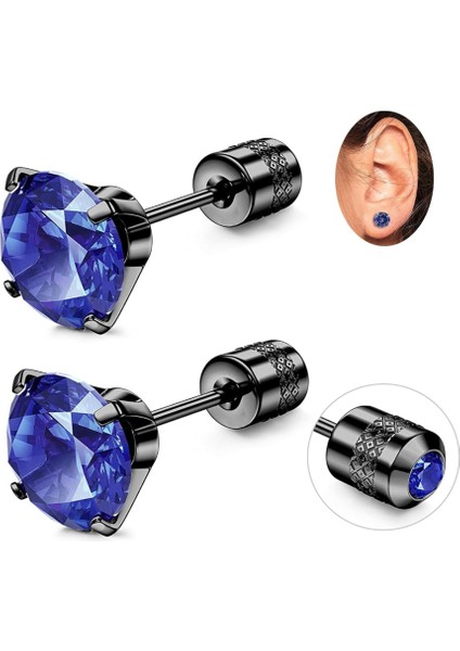 Mavi Paslanmaz Siyah Çelik Zirkon Taşlı Vidalı Yeşil Crystal Unisex/Erkek Küpe – Modern ve Şık Tasarım (1 Adet)