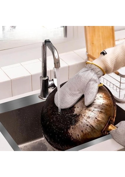 Folyo Kaplı Bulaşık Eldiveni, Su Geçirmez, Tel Temizleme Özellikli, Tencere Temizleyici