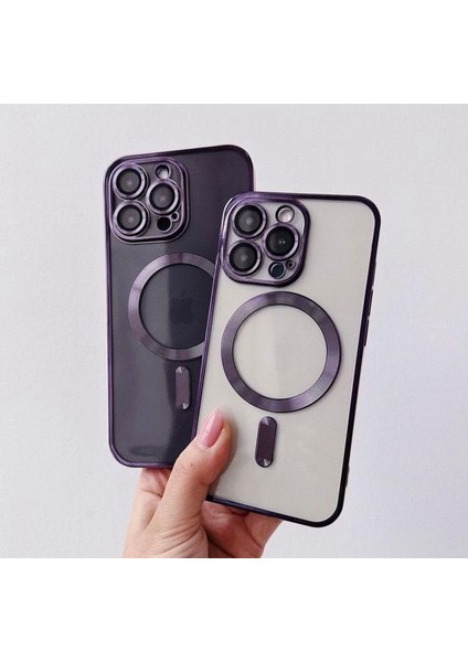 Apple iPhone 14 Pro Için Kablosuz Şarj ile Uyumlu, Kamera Lens Korumalı Lazer Kılıf Mor