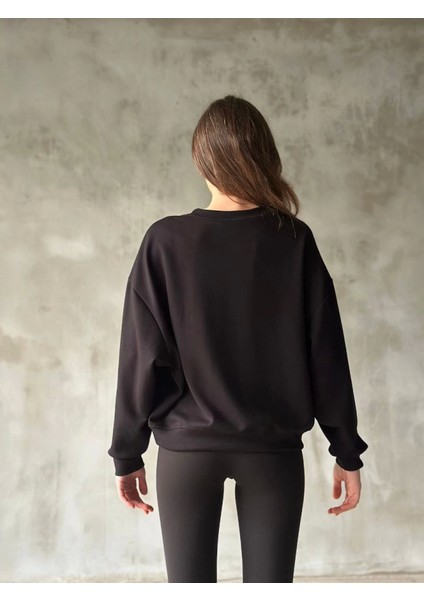 Osy Modal Yumuşak Dokulu Kumaş Bisiklet Yaka Oversize Sweatshirt - Siyah