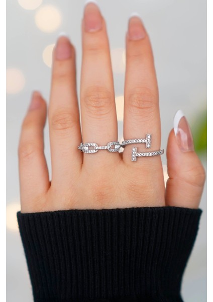 Taşlı Ayarlanabilir 2'li Gümüş Kadın Yüzük Set