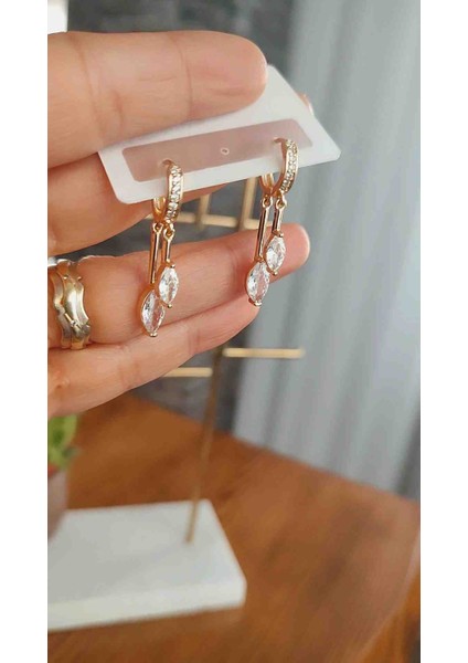 Çelik Zirkon Taşlı Çift Damla Tasarım Küpe Vip Takı