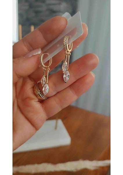 Çelik Zirkon Taşlı Çift Damla Tasarım Küpe Vip Takı modelleri