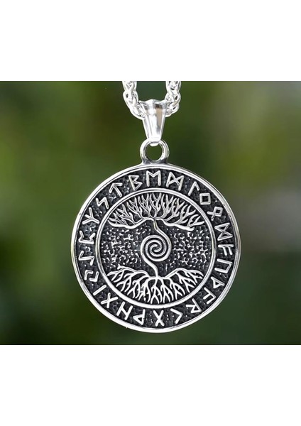 Voyageaccessory Çift Taraflı Kullanım Nordic Yggdrasil Yaşam Ağaç Viking Pusula Kolye / Yaşam Kolye