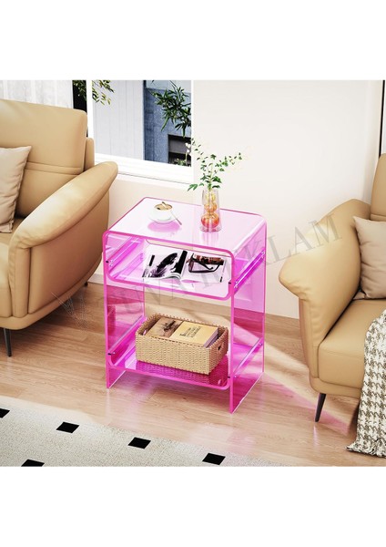 Pembe Pleksi Çok Amaçlı Sunum Sehpa Şifonyer Komodin Kitaplık ( 35 x 28, H: 50 Cm)