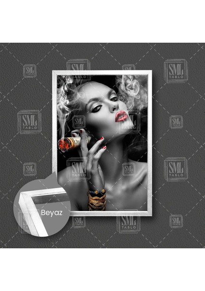 Kırmızı Rujlu Kadın Dolar Altın Takı Cesur Kadın Çerçeveli Dikey Kanvas Tablo