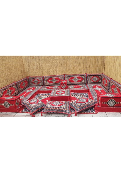 Şark Köşesi Saraylı Desenli Minder, Kilim, Orta Puf Konsept Kırmızı 19 Parça