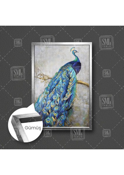 Mavi Daldaki Tavus Kuşu Hayvan Muhteşem Kuş Çerçeveli Dikey Kanvas Tablo