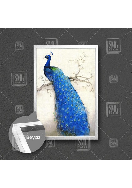 Yağlı Boya Efektli Dalda Duran Mavi Tavus Kuşu Hayvan Çerçeveli Dikey Kanvas Tablo