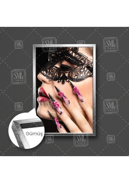 Kırmızı Rujlu Dantel Maskeli Kadın Çiçek Oje Çerçeveli Dikey Kanvas Tablo