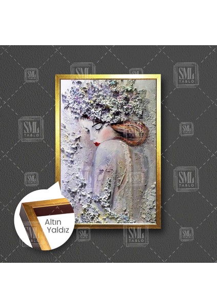 Çiçek Taçlı Kırmızı Rujlu Kadın Dekoratif Çerçeveli Dikey Kanvas Tablo