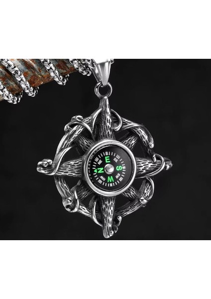 Voyageaccessory Paslanmaz Çelik Gemici Kuzey Yıldız Kolye Pusula Kolye / 60 cm Zincirli