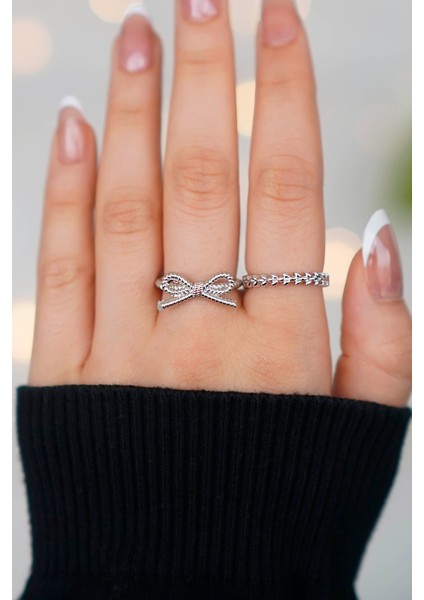 Zarif Tasarım Ayarlanabilir 2 Adet Gümüş Kadın Yüzük