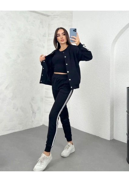 Kadın Üst Çıtçıt Düğmeli Ceket, Iç Kaşkorse Atlet, Şertit Detay Pantalon Üçlü Takım