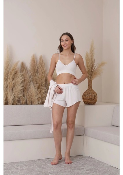 Crop-Şort-Sabahlık 3'lü Ekru Pijama Takımı -5355