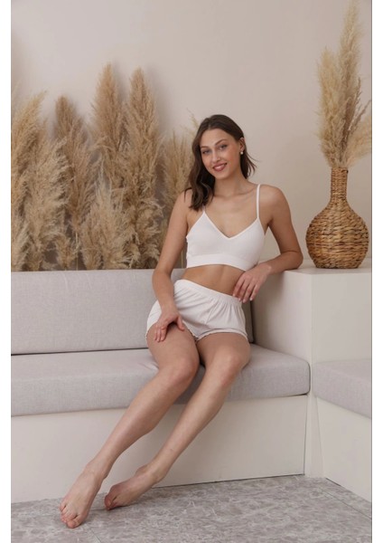 Crop-Şort-Sabahlık 3'lü Ekru Pijama Takımı -5355