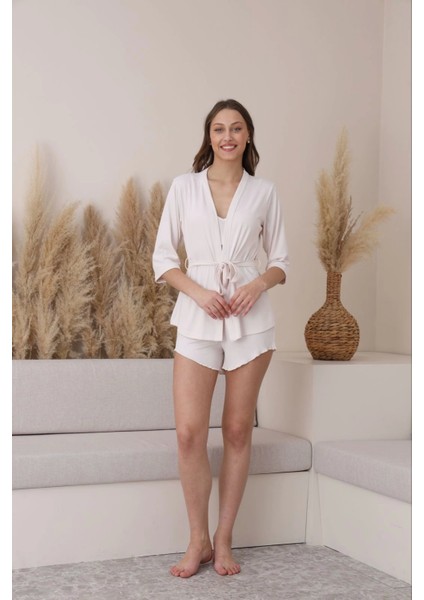 Crop-Şort-Sabahlık 3'lü Ekru Pijama Takımı -5355