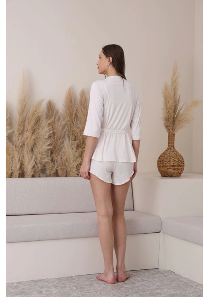 Crop-Şort-Sabahlık 3'lü Ekru Pijama Takımı -5355
