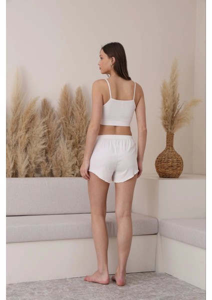 Crop-Şort-Sabahlık 3'lü Ekru Pijama Takımı -5355