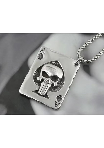 Voyageaccessory Paslanmaz Çelik Poker Kurukafa Kolye -60 cm Zincirli / Maça As Kurukafa Kolye