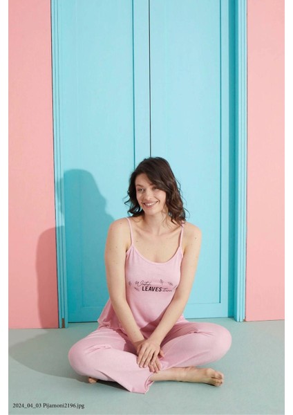 Askılı Altı Uzun Polyviskon Kumaş Pembe Pijama Takımı -2755