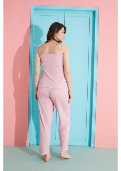 Askılı Altı Uzun Polyviskon Kumaş Pembe Pijama Takımı -2755