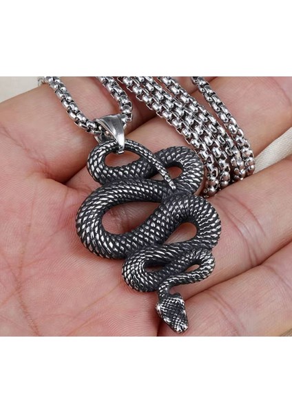 Voyageaccessory Antik Eskitme Paslanmaz Çelik Şifa Simgesi Yılan Kolye / 60 cm Zincirli